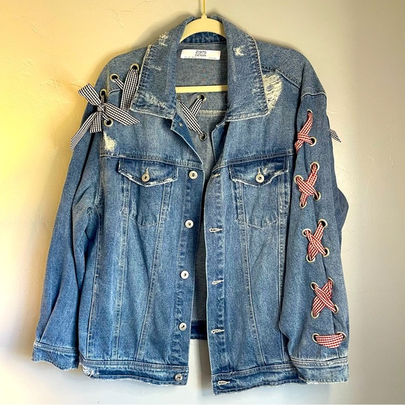 Zara Jackets & Blazers - ZARA Denim women’s oversized distressed jacket with gingham bows size L